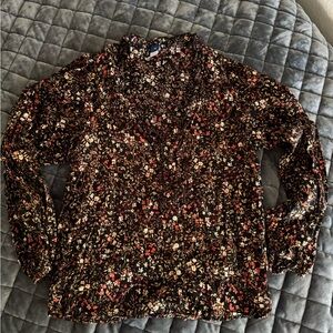 Old Navy Brown Blouse with V-Neck, Long Sleeves and Graphic Style